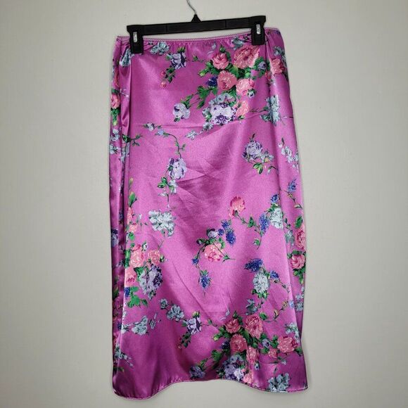Vintage y2k Xhiliration pink floral girlie satin feel midi skirt size large - Picture 2 of 7